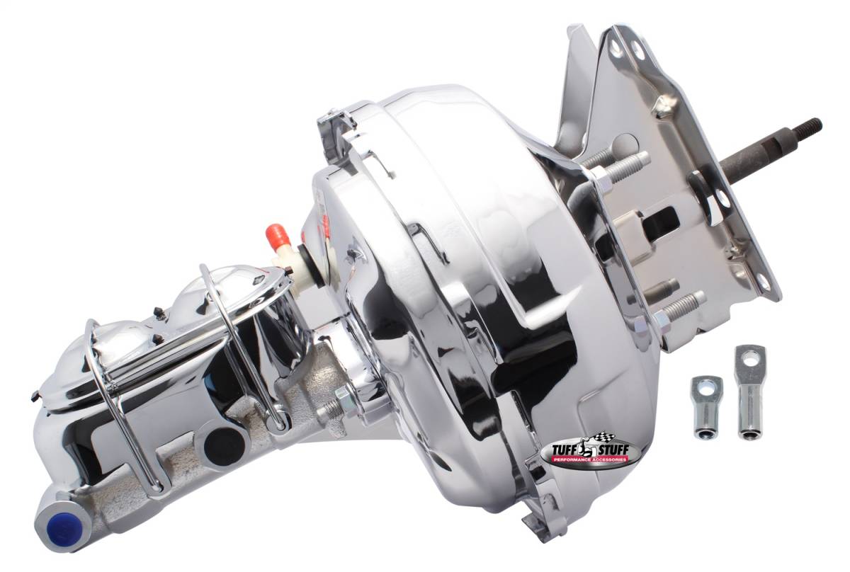 Tuff Stuff Performance - Brake Booster w/Master Cylinder 11 in. 1 in. Bore Dual Diaphragm w/PN[2020] Dual Rsvr. Master Cyl. 10x1.5 Metric Studs 3/8 in.-16 Pedal Rod Threads Chrome 2132NA-1