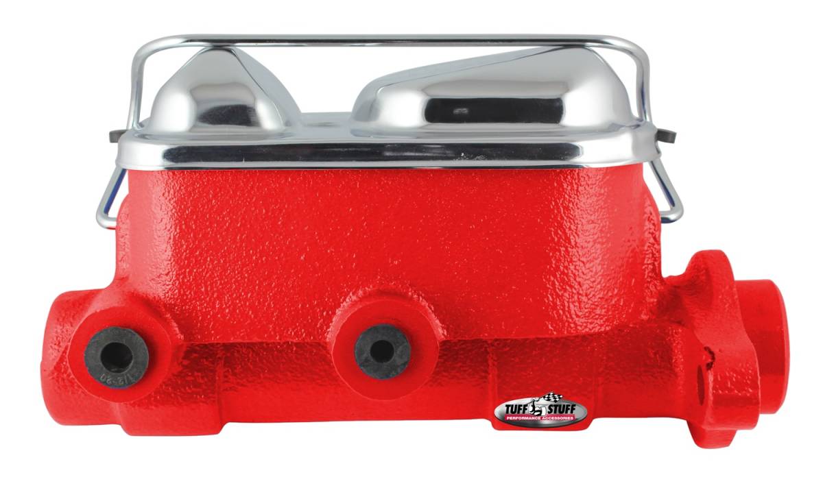 Tuff Stuff Performance - Brake Master Cylinder Dual Reservoir 1 in. Bore 3/8 in-24 And 1/2 in.-20 Ports 3 1/8 in. Mounting Hole Spacing Red Powdercoat w/Chrome Accents 2017NBRED