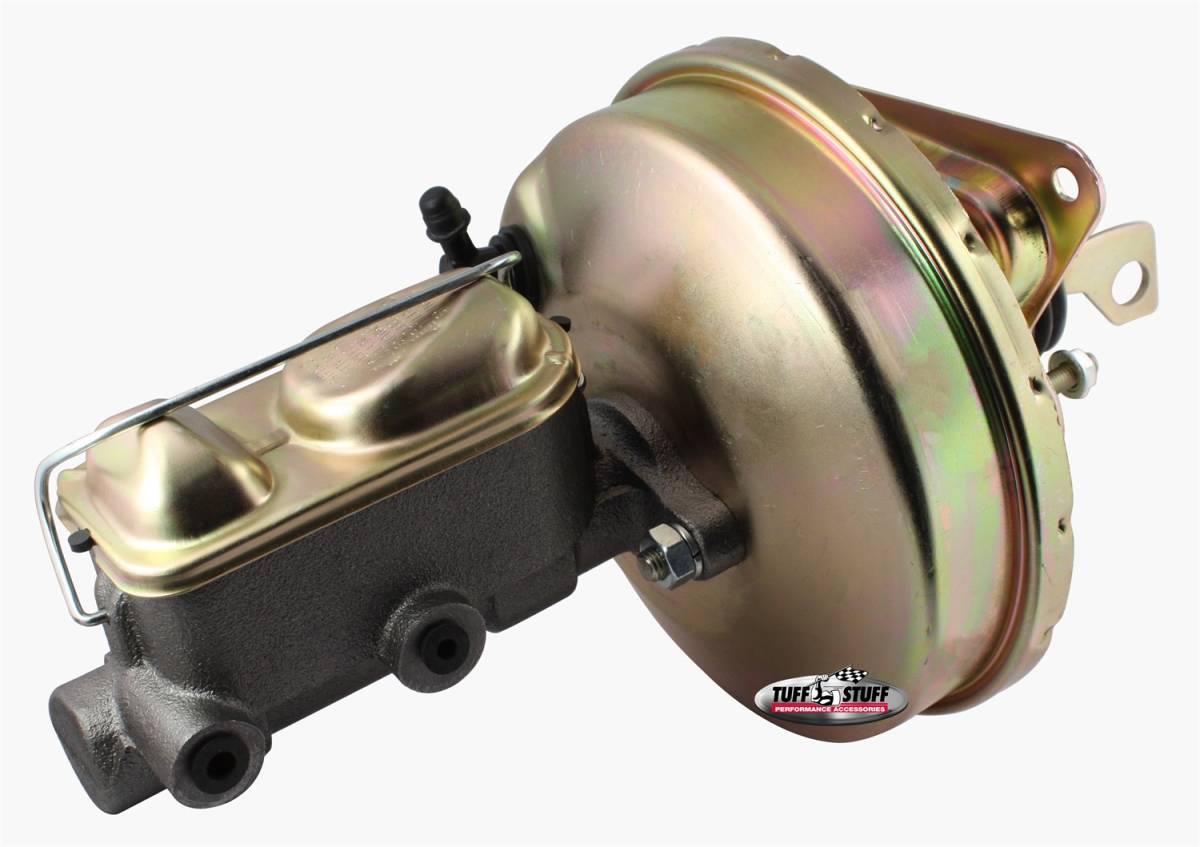 Tuff Stuff Performance - Brake Booster w/Master Cylinder 9 in. 1 in. Bore Single Diaphragm w/PN[2017] Dual Rsvr. Master Cyl. Incl. 5-3/8 in.-16 Mtg. Studs-1 Is Offset Gold Zinc 2125NB-3