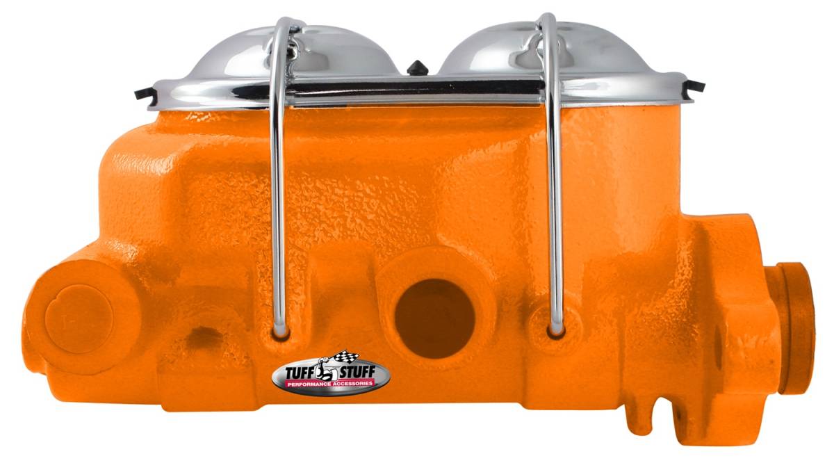 Tuff Stuff Performance - Brake Master Cylinder Univ. Dual Reservoir 1 1/8 in. Bore 9/16 in. And 1/2 in. Driver Side Ports Shallow Hole Fits Hot Rods/Customs/Muscle Cars Orange Powdercoat 2071NCORANGE