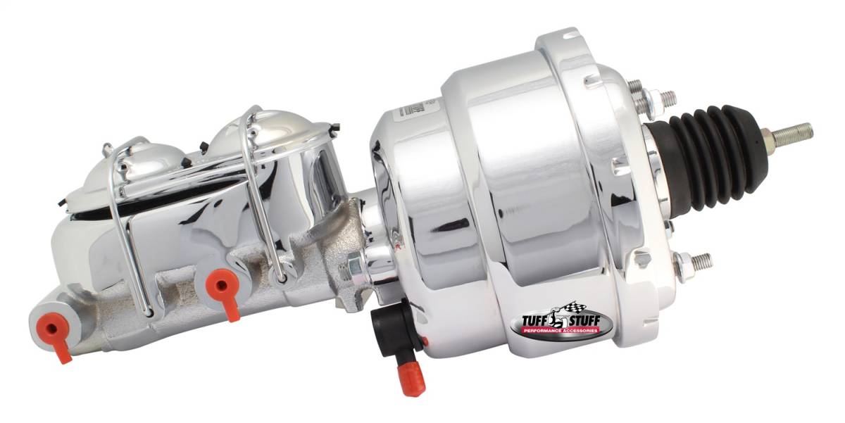 Tuff Stuff Performance - Brake Booster w/Master Cylinder Univ. 7 in. 1 1/8 in. Bore Dual Diaphragm w/PN[2071] Dual Rsvr. Master Cyl. Incl. 3/8 in.-16 Mtg. Studs/Hardware Chrome 2122NA