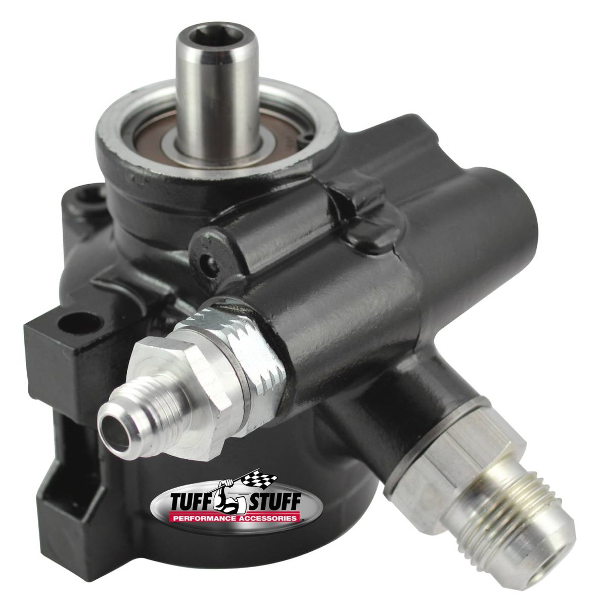 Tuff Stuff Performance - Type II Alum. Power Steering Pump AN-6 And AN-10 Fitting 8mm Through Hole Mounting Btm Pressure Port Aluminum For Street Rods/Custom Vehicles w/Limited Engine Space Black 6170ALB