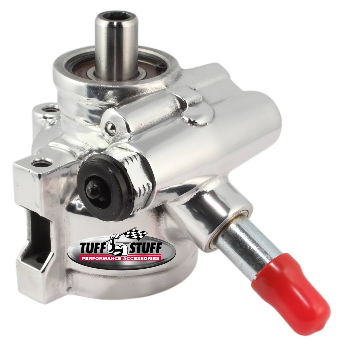 Tuff Stuff Performance - Type II Alum. Power Steering Pump M16 And 5/8 in. OD Return Tube 8mm Through Hole Mounting Btm Pressure Port For Street Rods/Custom Vehicles w/Limited Engine Space Polished 6170ALP-3
