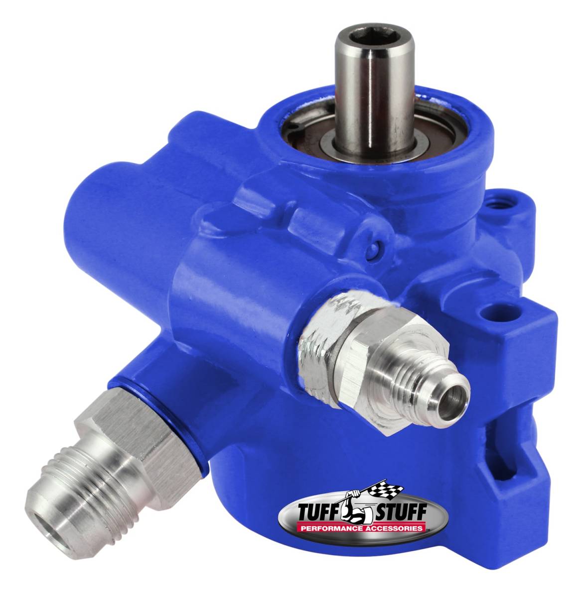 Tuff Stuff Performance - Type II Alum. Power Steering Pump AN-6 And AN-10 Fittings 8mm Through Hole Mounting Aluminum For Street Rods/Custom Vehicles w/Limited Engine Space Blue 6175ALBLUE
