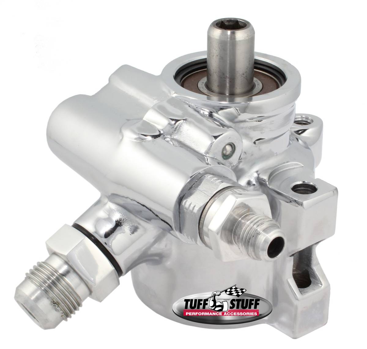 Tuff Stuff Performance - Type II Alum. Power Steering Pump w/AN Fittings Through Hole Mounting Top Pressure Port 1200 PSI Chrome 6175ALD