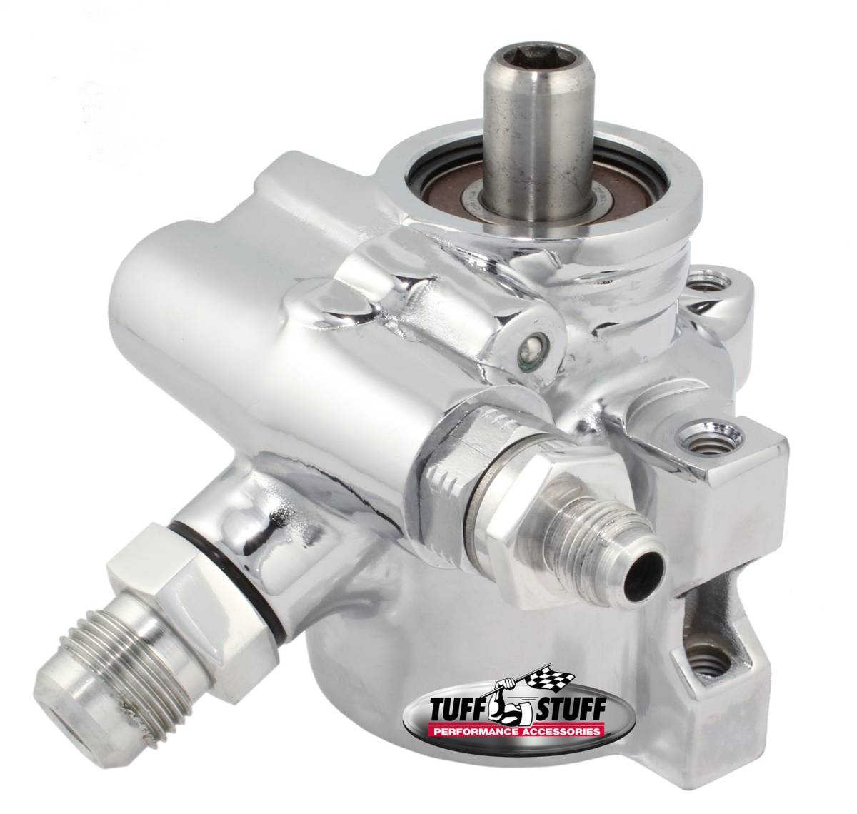 Tuff Stuff Performance - Type II Alum. Power Steering Pump An-6 And AN-10 Fittings M8x1.25 Threaded Hole Mounting Aluminum For Street Rods/Custom Vehicles w/Limited Engine Space Polished 6175ALP-2