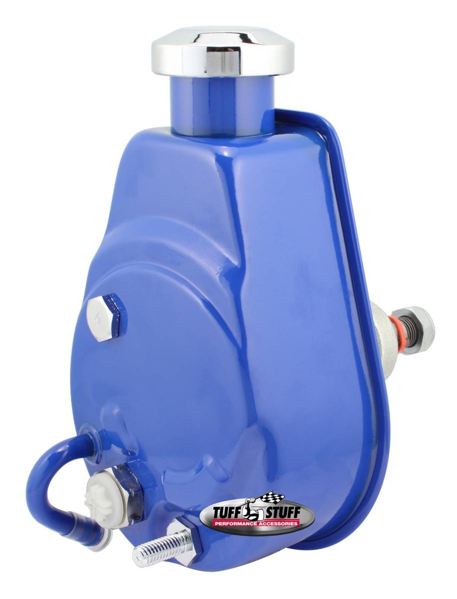 Tuff Stuff Performance - Saginaw Style Power Steering Pump Univ. Fit 5/8 in. Keyed Shaft 1200 PSI 5/8-18 SAE Pressure Fittings 3/8 in.-16 Mtg. Holes Blue Powdercoat w/Chrome Accents 6176BBLUE