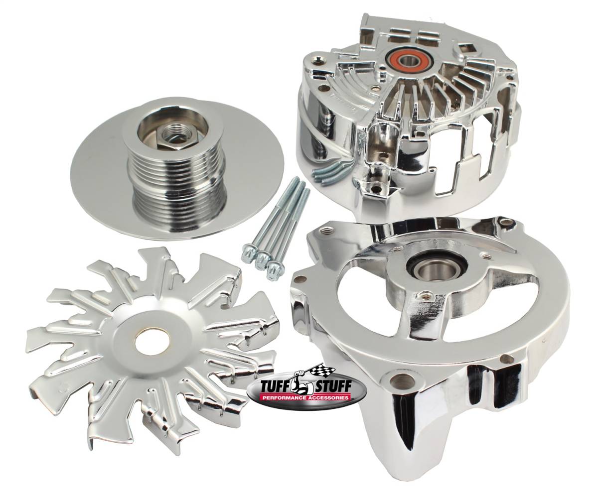 Tuff Stuff Performance - Alternator Case Kit Fits GM CS130 w/6 Groove Pulley And Tuff Stuff Alternator PN[7861] Incl. Front And Rear Housings/Fan/Pulley/Nut/Lockwashers/Thru Bolts Chrome Plated 7500F