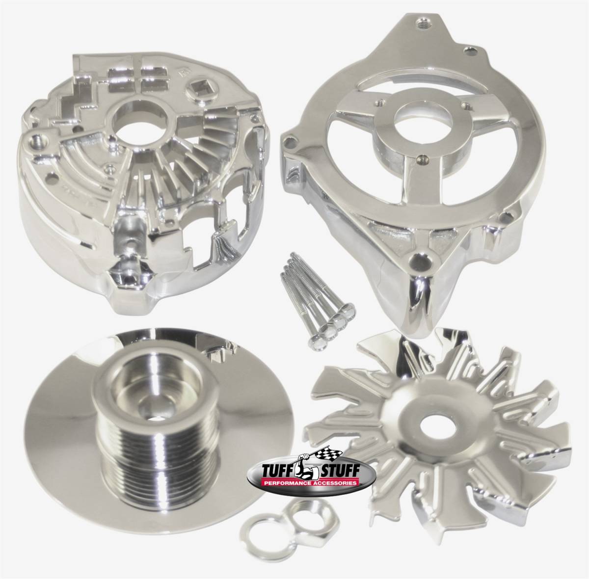 Tuff Stuff Performance - Alternator Case Kit Fits GM CS130 w/6 Groove Pulley And Tuff Stuff Alternator PN[7935] Incl. Front And Rear Housings/Fan/Pulley/Nut/Lockwashers/Thru Bolts Chrome Plated 7500H