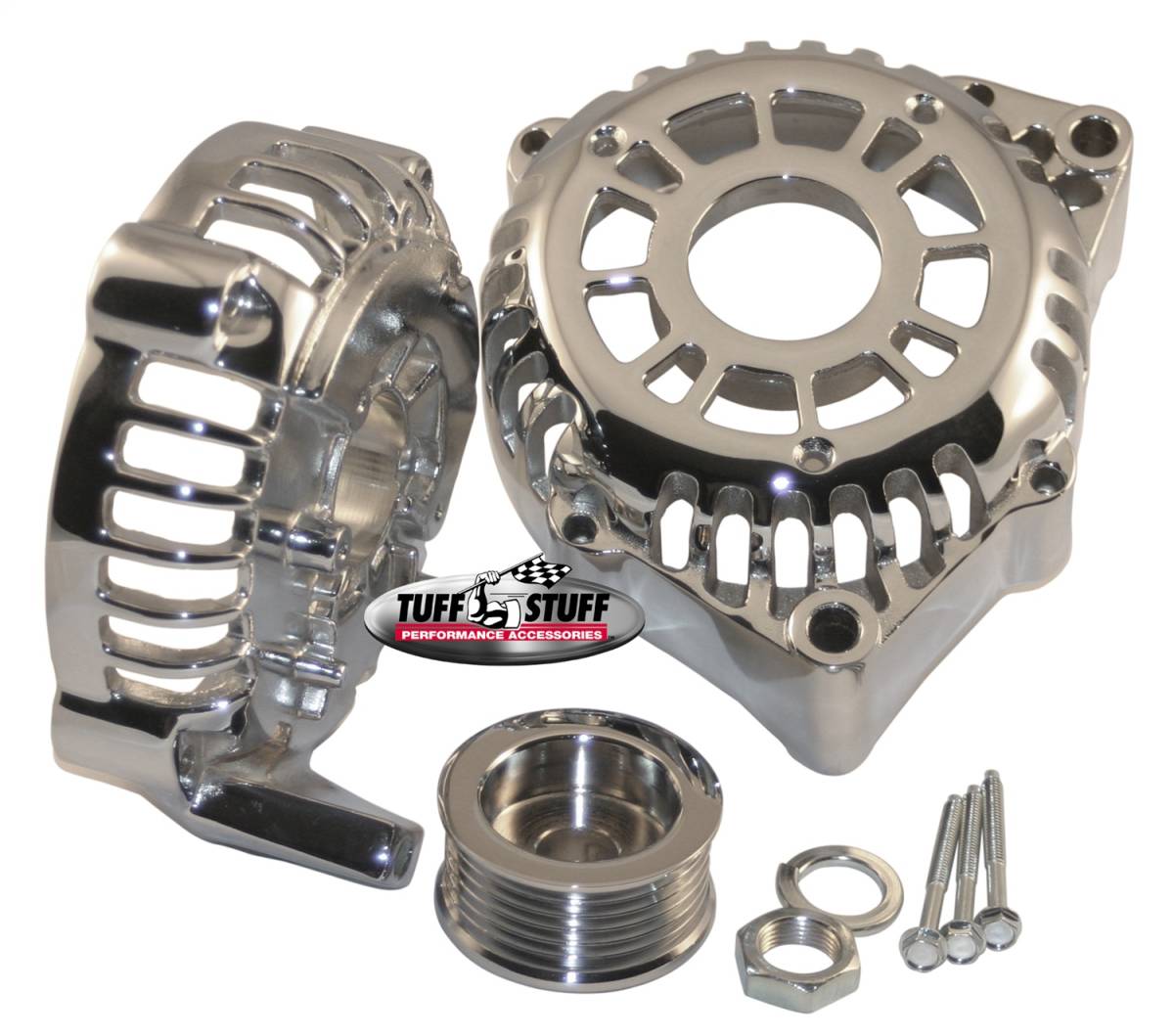 Tuff Stuff Performance - Alternator Case Kit Fits GM CS130D w/6 Groove Pulley And Tuff Stuff Alternator PN[8206] Incl. Front And Rear Housings/Fan/Pulley/Nut/Lockwashers/Thru Bolts Chrome Plated 7500L