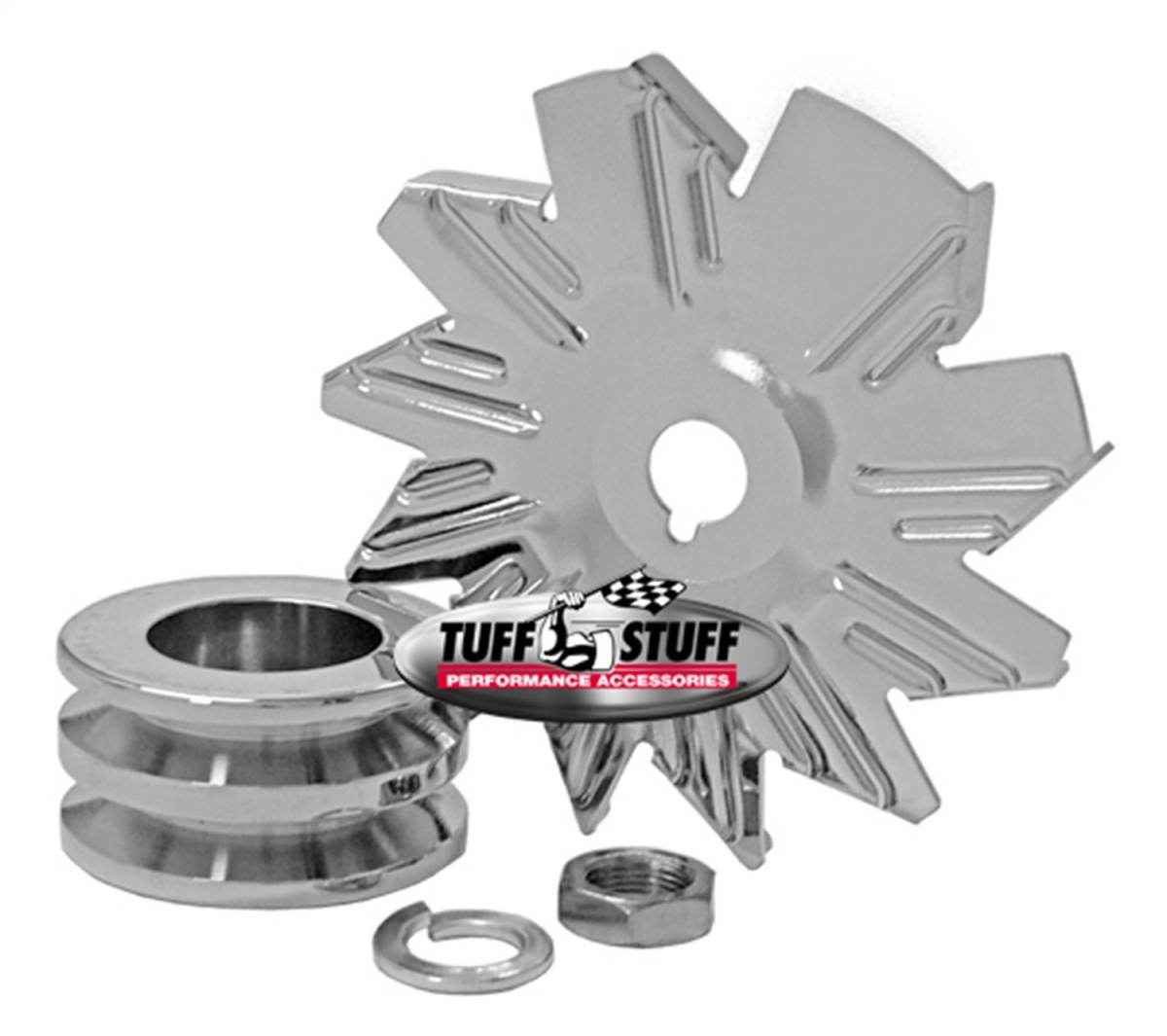 Tuff Stuff Performance - Alternator Fan And Pulley Combo 2.628 in. Double V Groove Pulley Incl. Fan/Lockwasher/Nut Chrome Plated 7600B