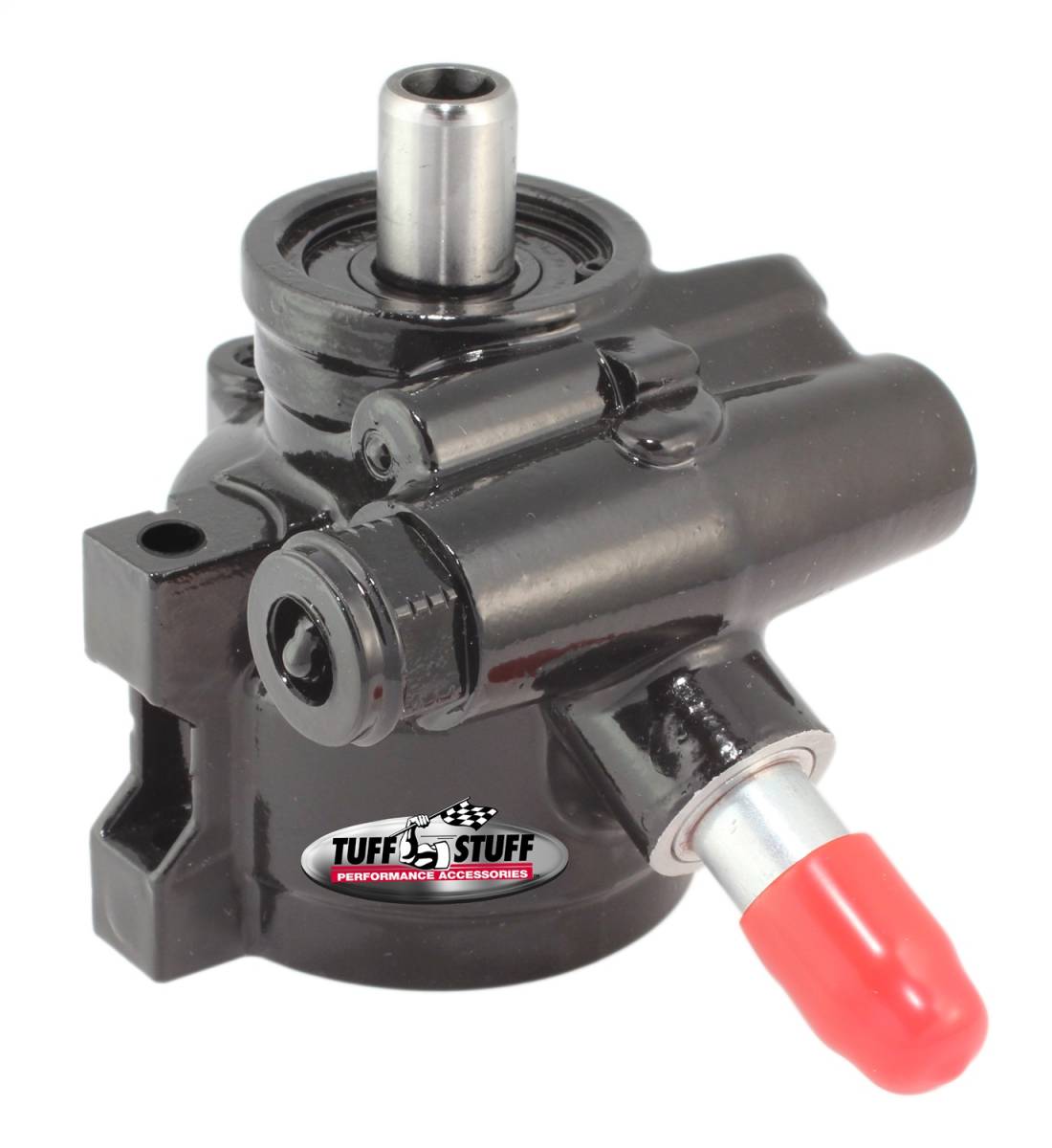 Tuff Stuff Performance - Type II Alum. Power Steering Pump M16 And 5/8 in. OD Return Tube 8mm Through Hole Mounting Btm Pressure Port For Street Rods/Custom Vehicles w/Limited Engine Space Black 6170ALB-3
