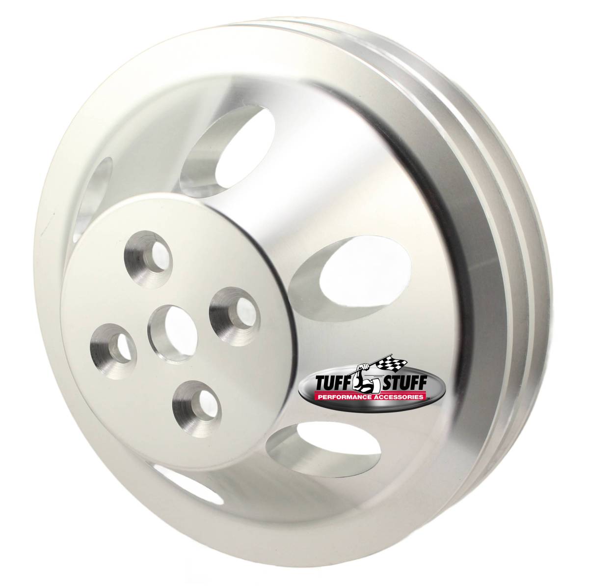 Tuff Stuff Performance - SB Chevy Machined Aluminum Water Pump Pulley, 2 Groove, Short Pump, Satin, 9887C