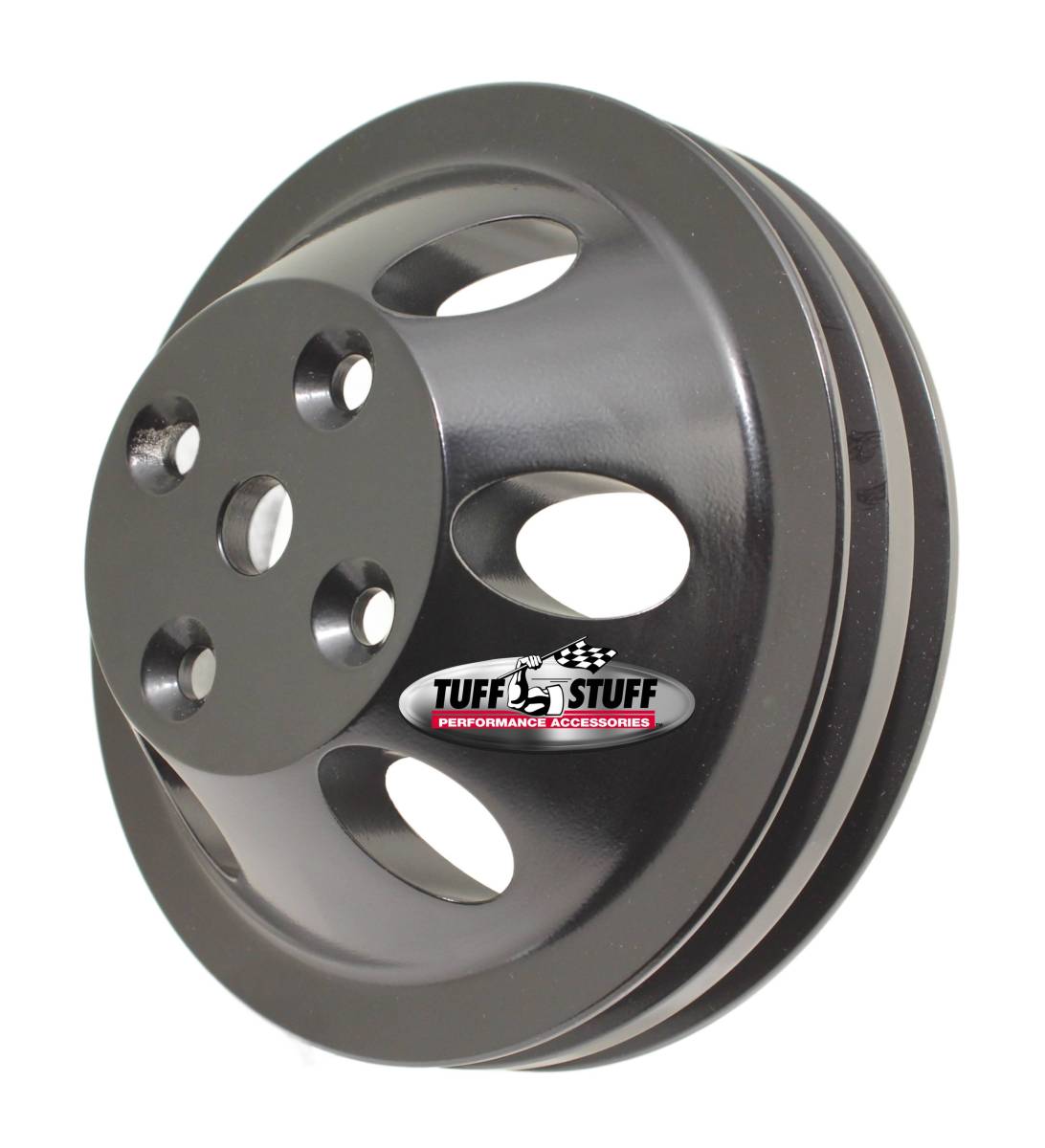 Tuff Stuff Performance - SB Chevy Machined Aluminum Water Pump Pulley, 2 Groove, Long Pump, Black Powder Coated, 9890BLK