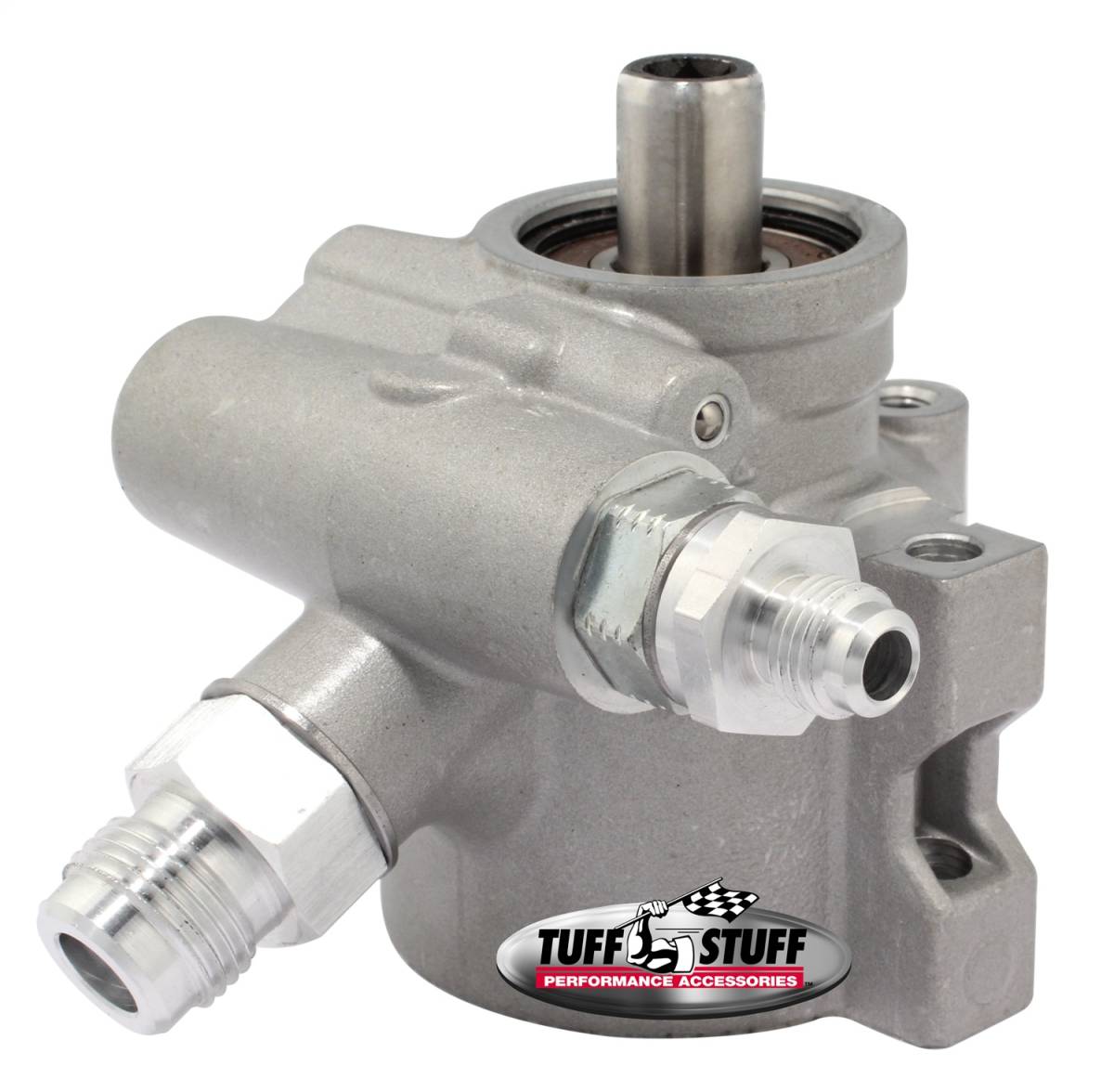 Tuff Stuff Performance - Power Steering Pump; An-6 And AN-10 Fittings - M8x1.25 Threaded Hole Mounting - Aluminum - For Street Rods/Custom Vehicles w/Limited Engine Space - Factory Cast PLUS+; 6175AL-2
