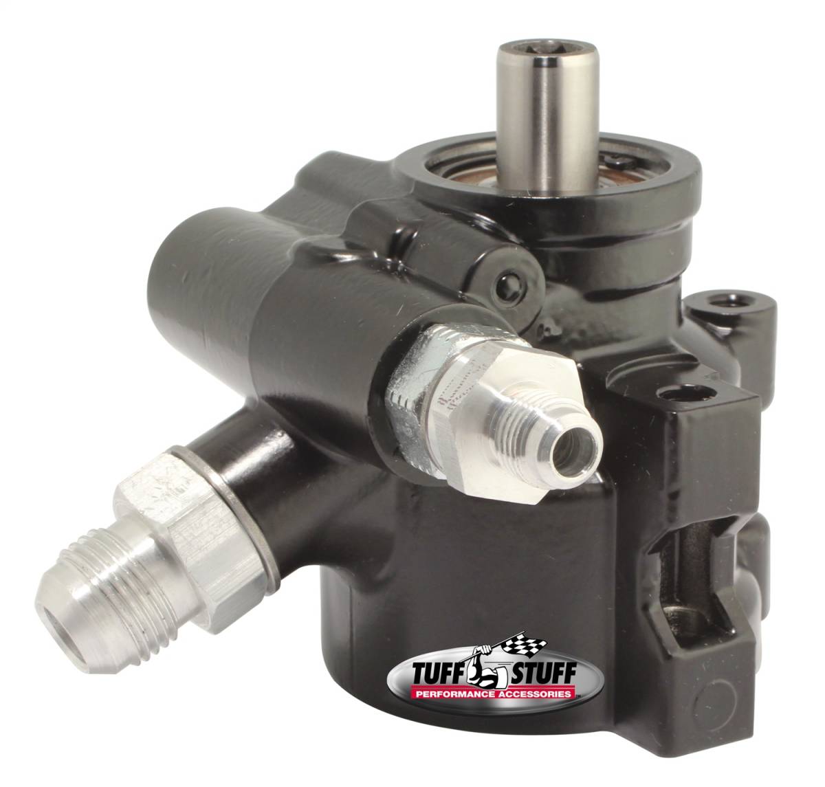 Tuff Stuff Performance - Power Steering Pump; AN-6 And AN-10 Fitting - 8mm Through Hole Mounting - Aluminum - For Street Rods/Custom Vehicles w/Limited Engine Space - Black; 6175ALB