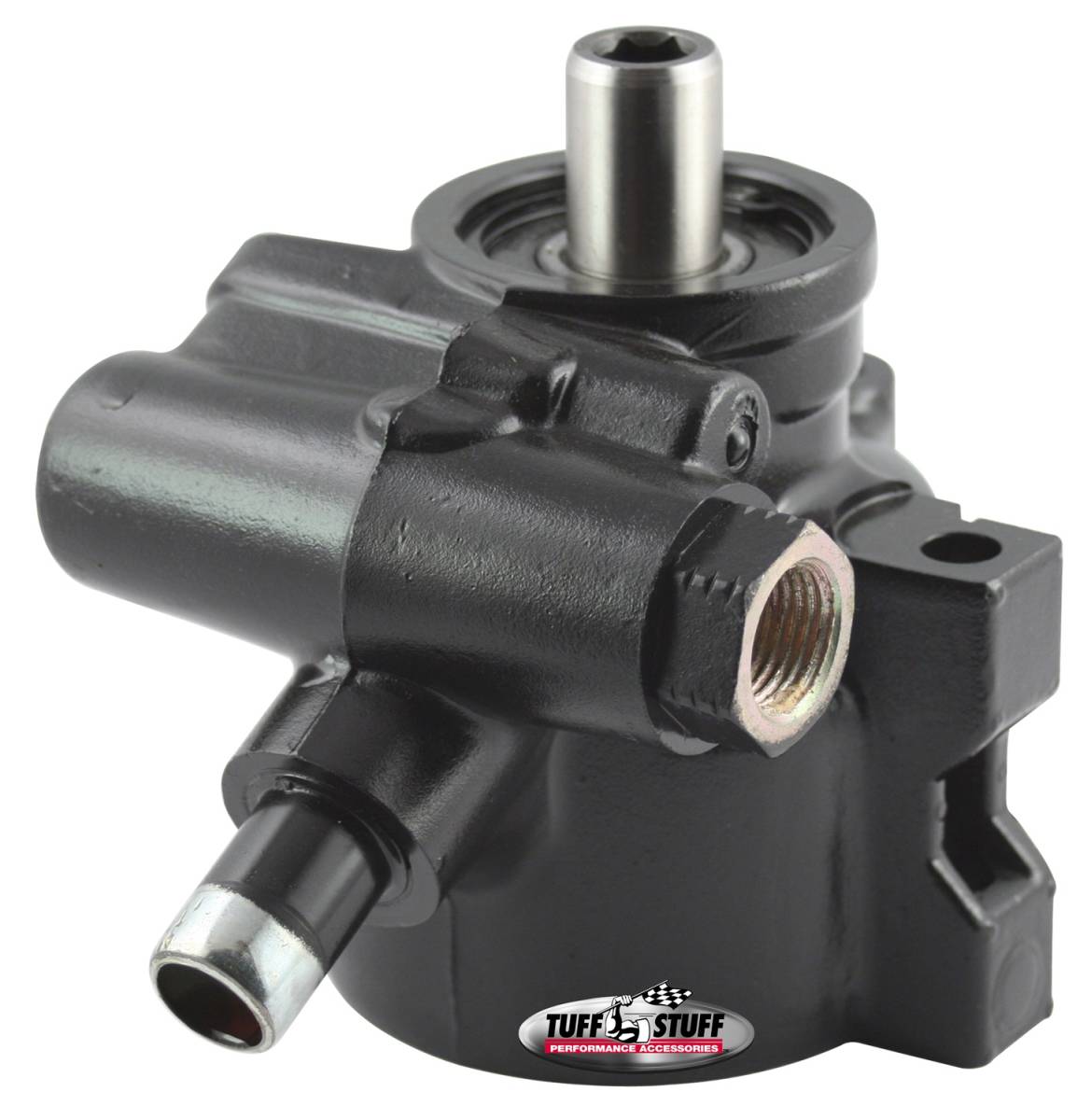 Tuff Stuff Performance - Power Steering Pump; M16 And 5/8 in. OD Return Tube - 8mm Through Hole Mounting - Aluminum - For Street Rods/Custom Vehicles w/Limited Engine Space - Black; 6175ALB-3