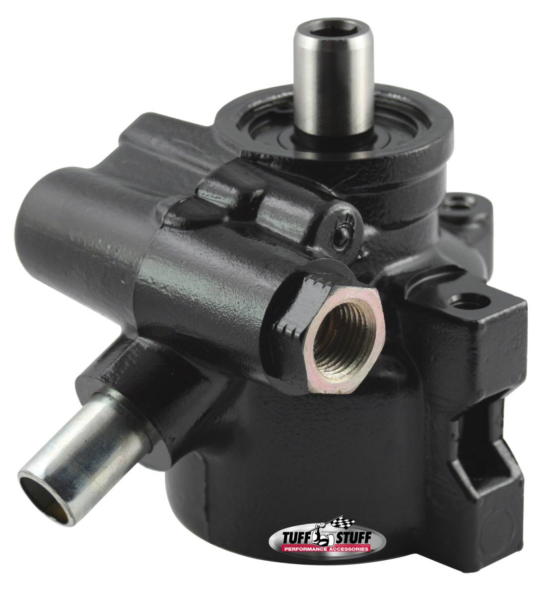 Tuff Stuff Performance - Power Steering Pump; M16 And 5/8 in. OD Return Tube - M8x1.25 Threaded Hole Mounting - Aluminum - For Street Rods/Custom Vehicles w/Limited Engine Space - Black; 6175ALB-4