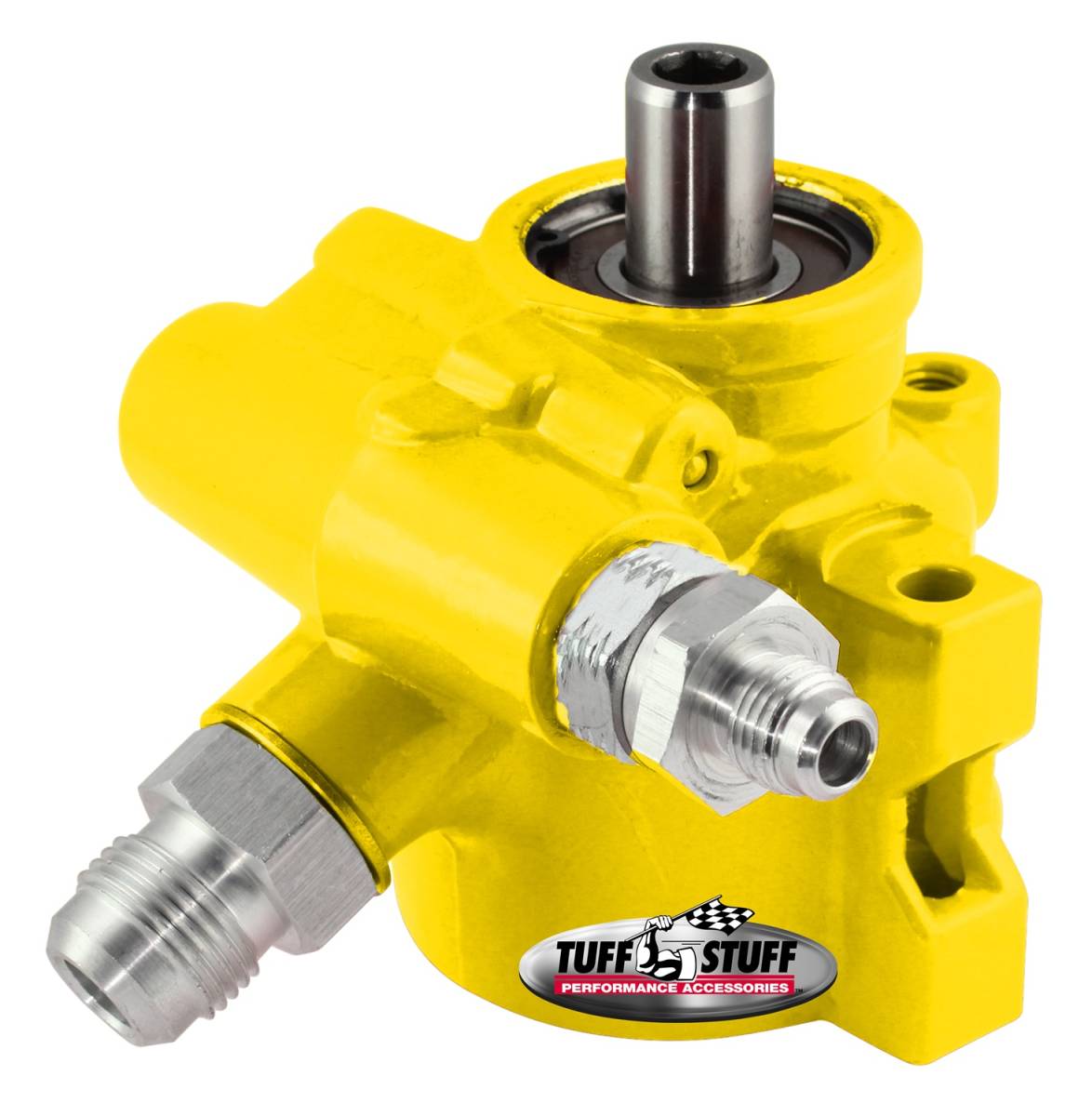 Tuff Stuff Performance - Power Steering Pump; AN-6 And AN-10 Fittings - 8mm Through Hole Mounting - Aluminum - For Street Rods/Custom Vehicles w/Limited Engine Space - Yellow; 6175ALYELLOW