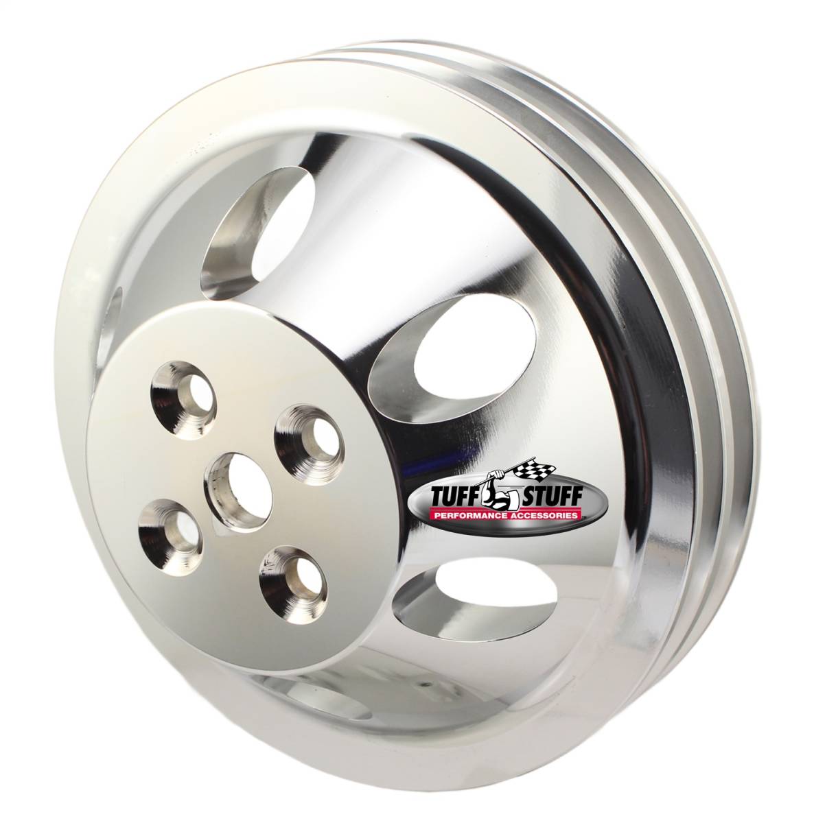 Tuff Stuff Performance - Water Pump Pulley; For Use w/Small Block Chevy Engines - Machined Aluminum - Polished - 2 Groove - Short Pump - 5/8 in. Pilot Hole; 9887P