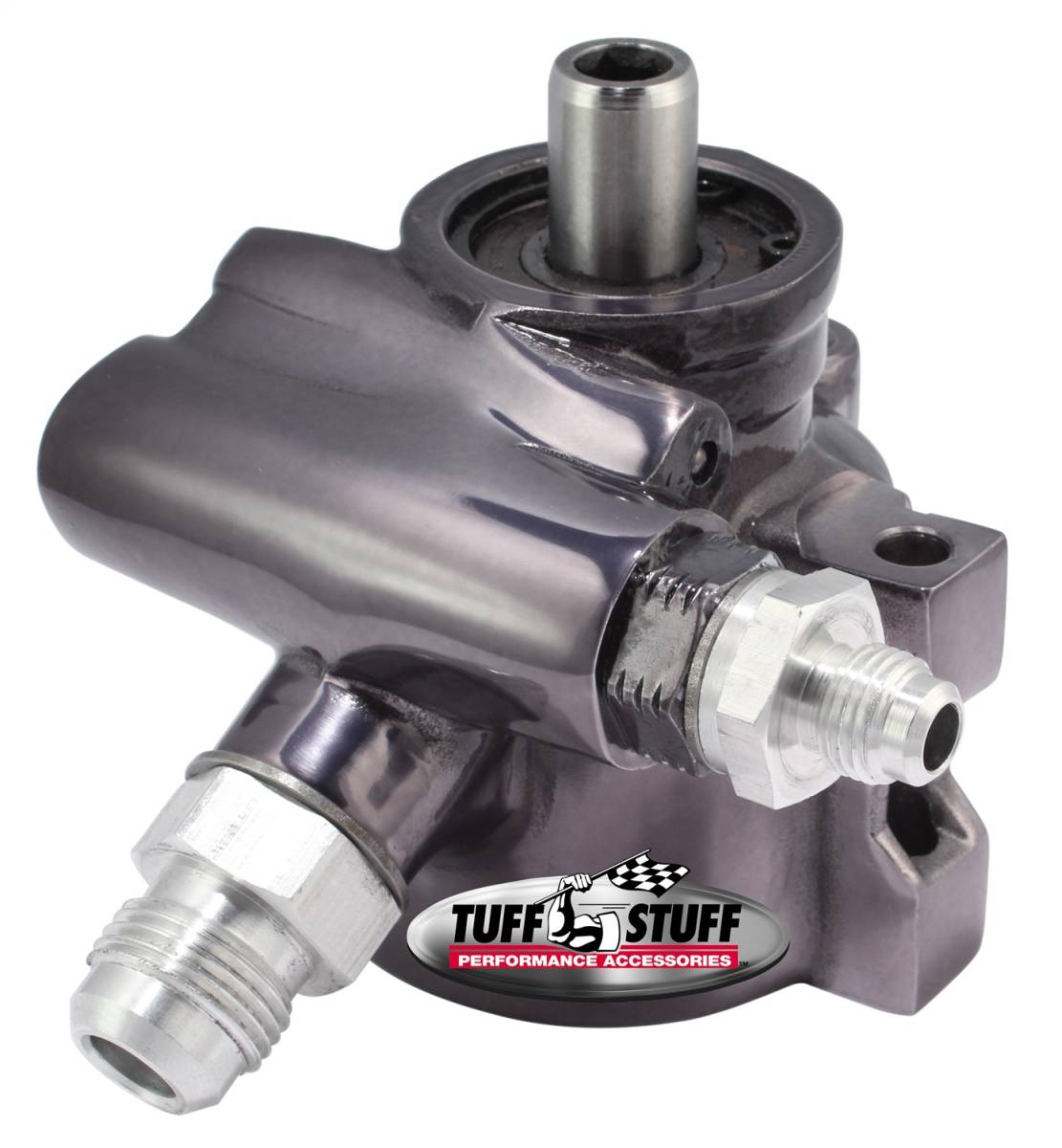 Tuff Stuff Performance - Power Steering Pump; AN-6 And AN-10 Fitting - 8mm Through Hole Mounting - Aluminum - For Street Rods/Custom Vehicles w/Limited Engine Space - Black Chrome; 6175ALP77