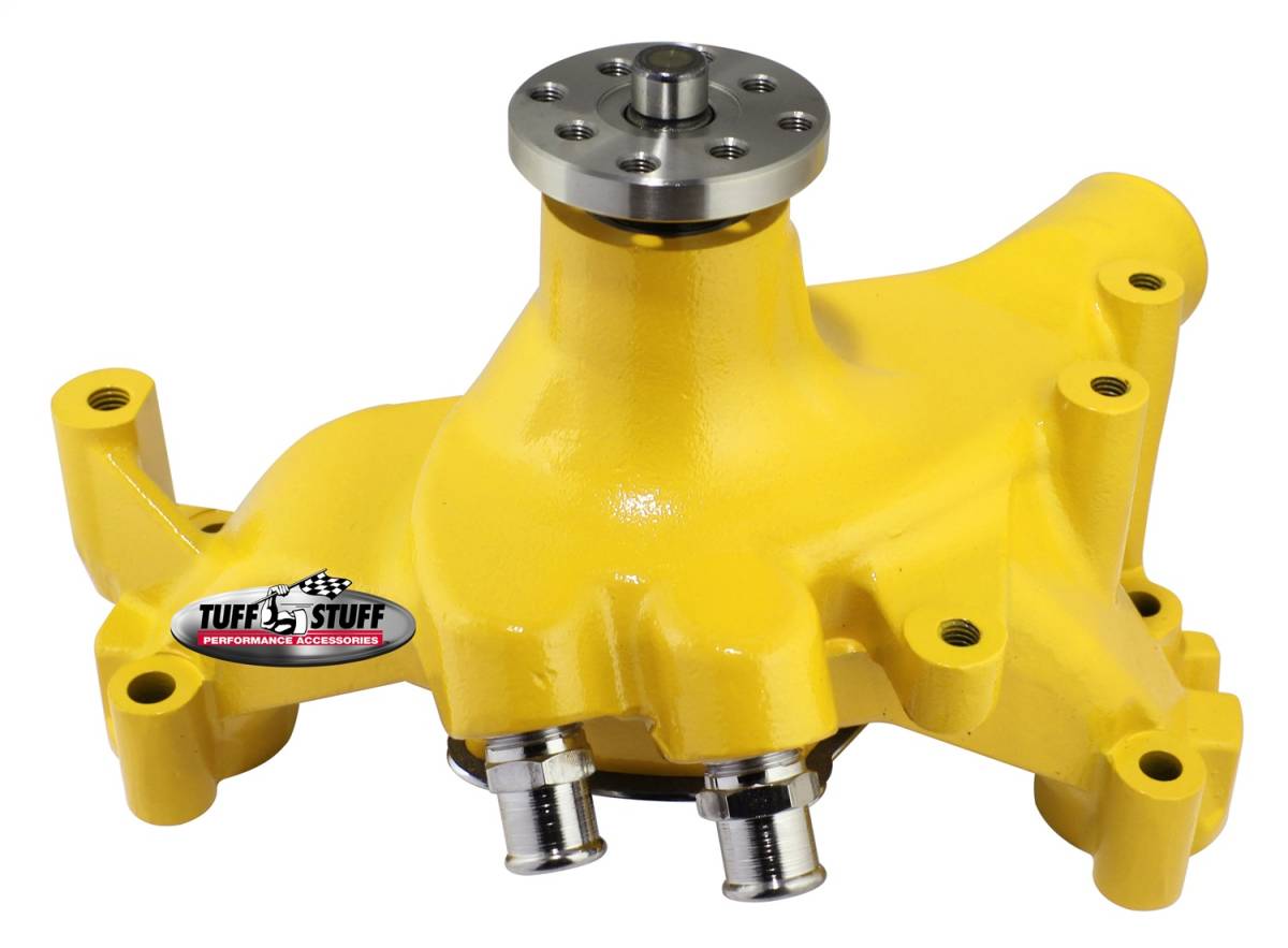 Tuff Stuff Performance - Water Pump; 7.281 in. Hub Height - 5/8 in. Pilot - Long - (2) Threaded Water Ports - Yellow Powdercoat w/Chrome Accents; 1461NCYELLOW