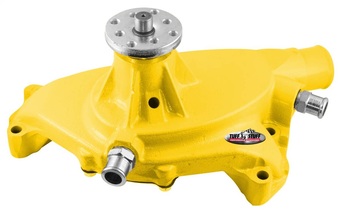 Tuff Stuff Performance - Water Pump; 5.750 in. Hub Height - 5/8 in. Pilot - Short - (2) Threaded Water Ports - Aluminum Casting - Yellow Powdercoat w/Chrome Accents; 1495ACYELLOW