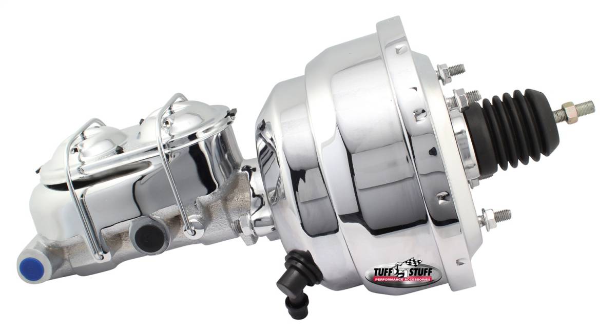 Tuff Stuff Performance - Brake Master Cylinder/Booster Assembly; Univ. - 8 in. - 1 in. Bore - Dual Diaphragm - w/PN[2020] Dual Rsvr. Master Cyl. - Incl. 3/8 in.-16 Mtg. Studs/Hardware - Chrome; 2123NA-1