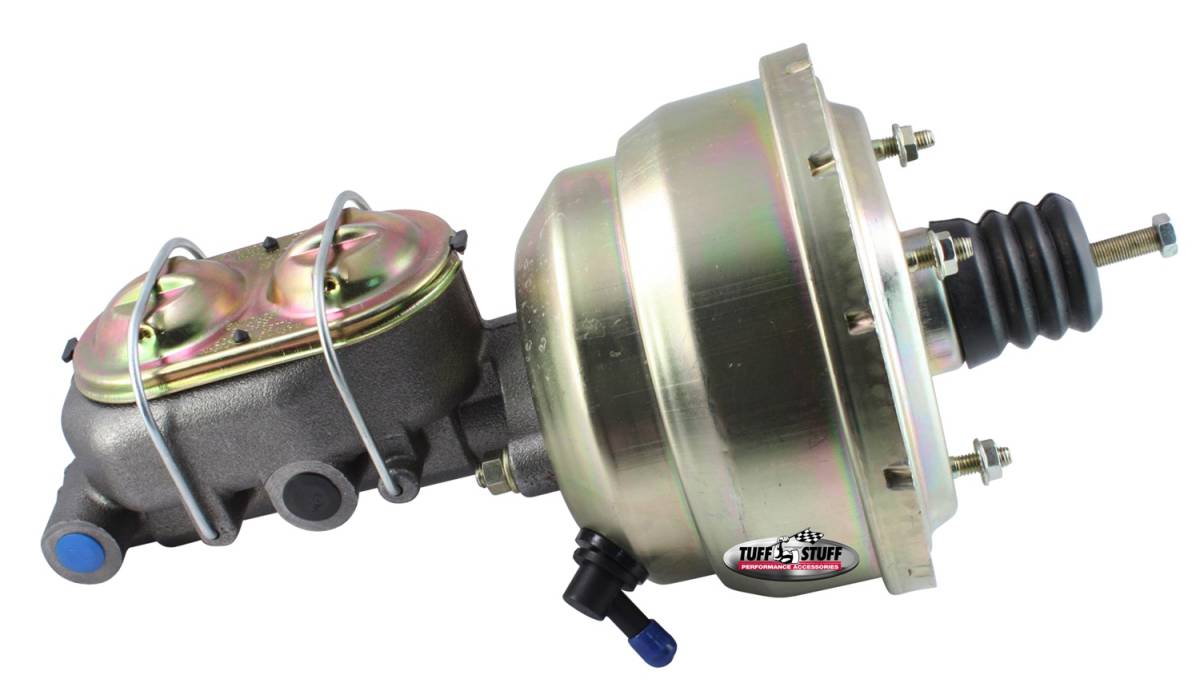 Tuff Stuff Performance - Brake Master Cylinder/Booster Assembly; Univ. - 8 in. - 1 1/8 in. Bore - Dual Diaphragm - w/PN[2071] Dual Rsvr. Master Cyl. - Incl. 3/8 in.-16 Mtg. Studs/Hardware - Gold Zinc; 2123NB