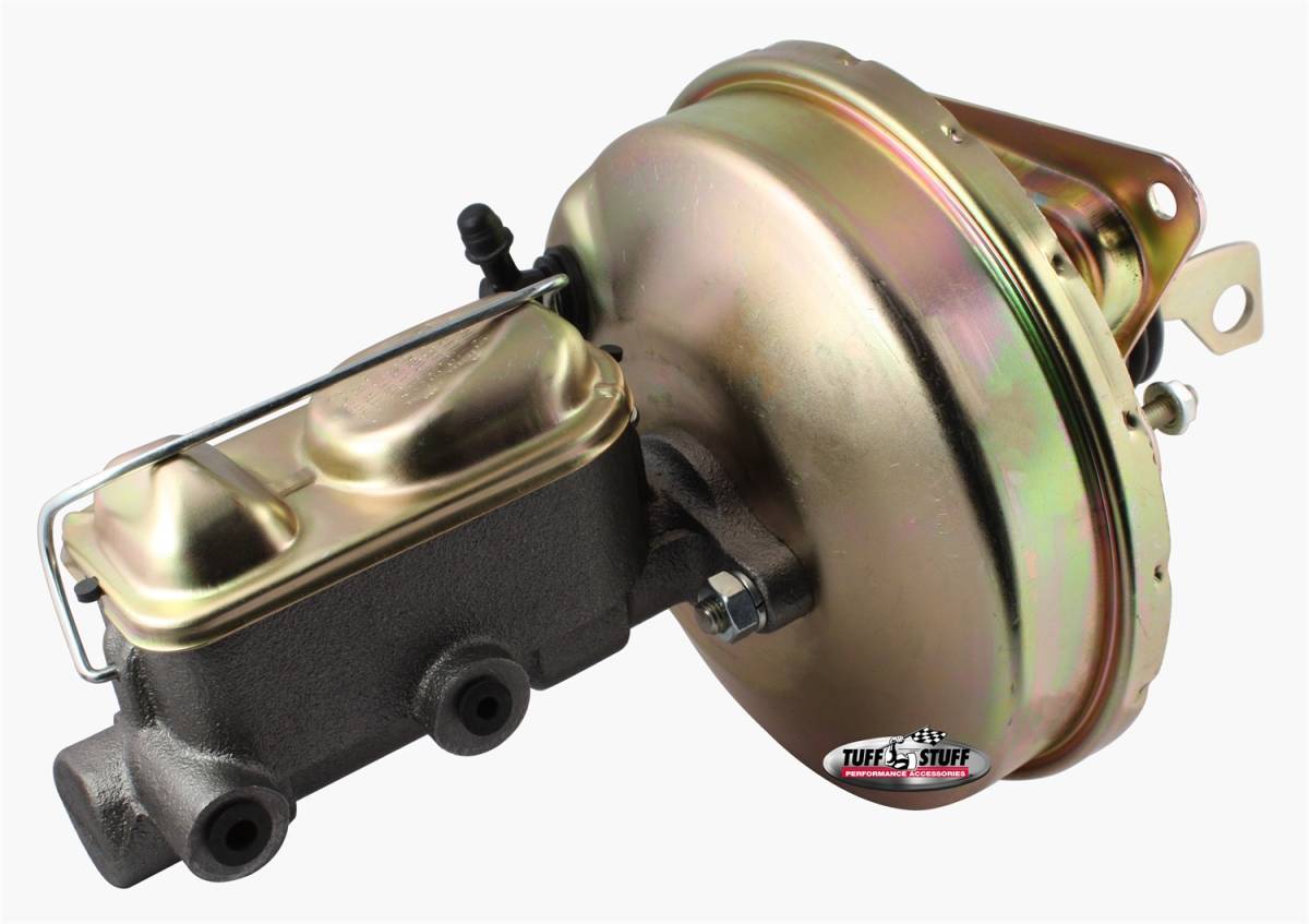 Tuff Stuff Performance - Brake Master Cylinder/Booster Assembly; 9 in. - 1 in. Bore - Single Diaphragm - w/PN[2017] Dual Rsvr. Master Cyl. - Incl. 5-3/8 in.-16 Mtg. Studs-1 Is Offset - Gold Zinc; 2125NB-3