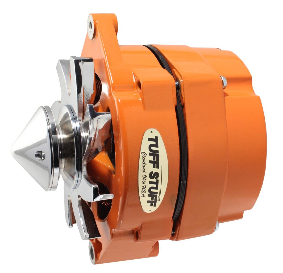 Tuff Stuff Performance - Alternator; 100 AMP - OEM Or 1 Wire - V Groove Bullet Pulley - 4.85 in. Case Depth - Lower Mount Boss 2 in. Long - Orange Powdercoat w/Chrome Accents; 7139FBULLOR