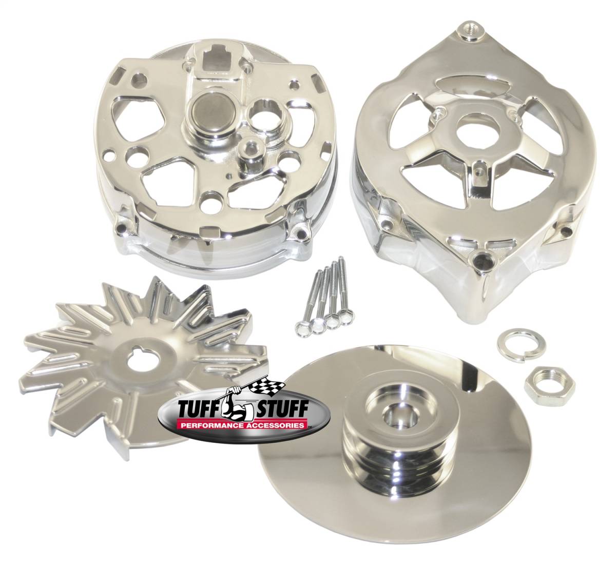 Tuff Stuff Performance - Alternator Case Kit; Fits GM 10DN And Tuff Stuff Alternator PN[7102] - Incl. Front And Rear Housings/Fan/Pulley/Nut/Lockwashers/Thru Bolts - Chrome Plated; 7500B