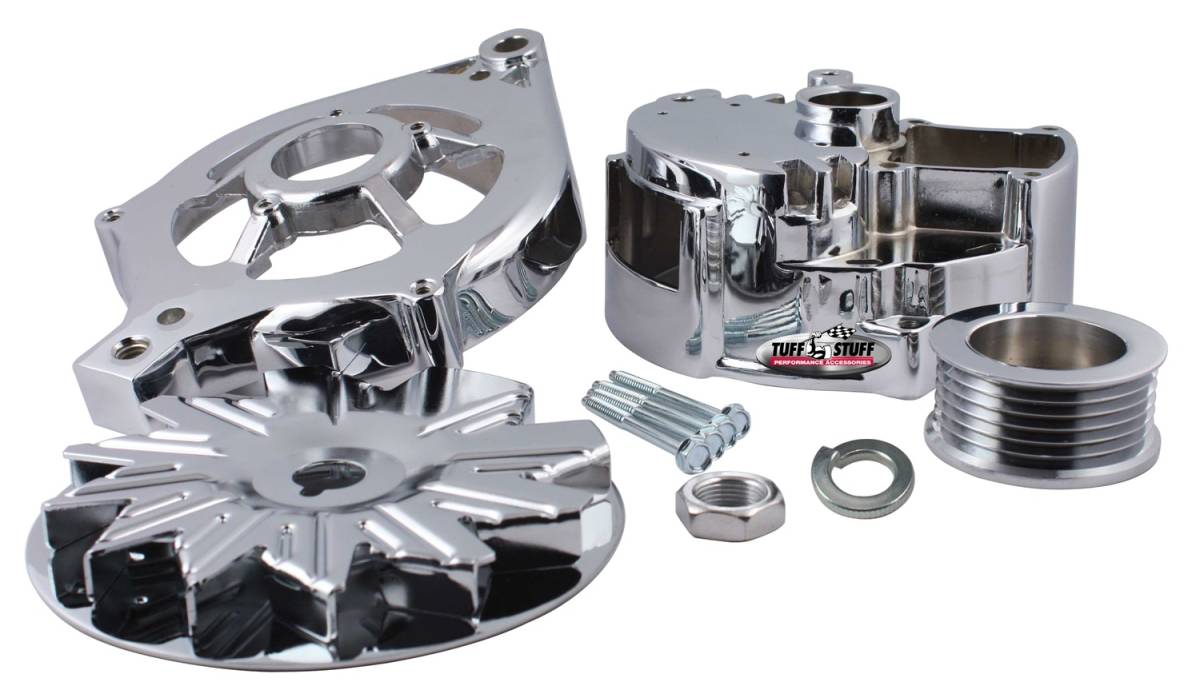 Tuff Stuff Performance - Alternator Case Kit; Fits Ford 2GEN And Tuff Stuff Alternator PN[7716] - Incl. Front And Rear Housings/Fan/Pulley/Nut/Lockwashers/Thru Bolts - Chrome Plated; 7500E
