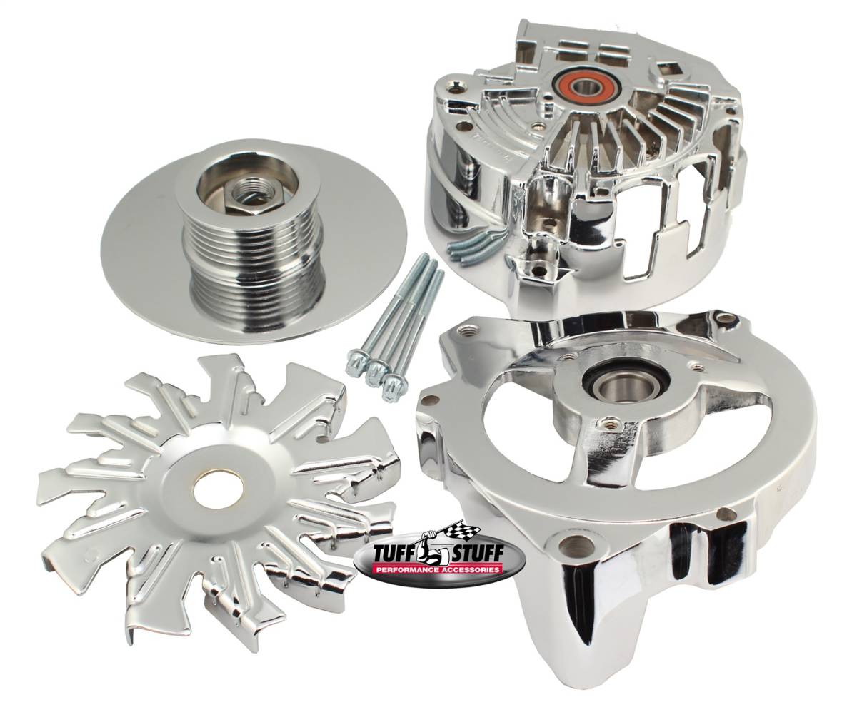 Tuff Stuff Performance - Alternator Case Kit; Fits GM CS130 w/6 Groove Pulley And Tuff Stuff Alternator PN[7861] - Incl. Front And Rear Housings/Fan/Pulley/Nut/Lockwashers/Thru Bolts - Chrome Plated; 7500F