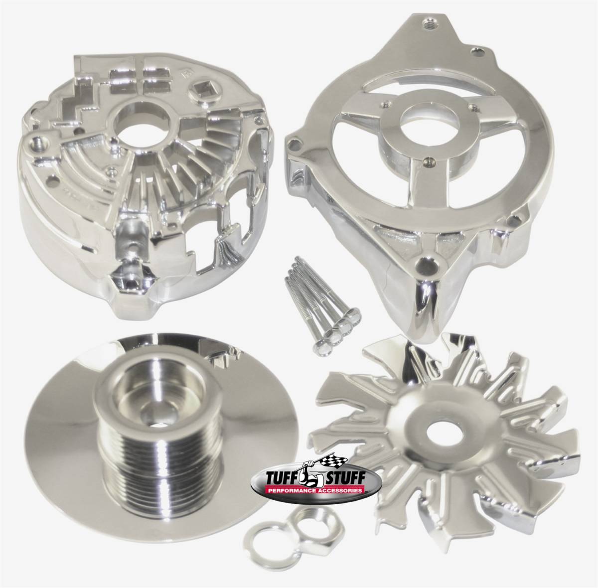Tuff Stuff Performance - Alternator Case Kit; Fits GM CS130 w/6 Groove Pulley And Tuff Stuff Alternator PN[7935] - Incl. Front And Rear Housings/Fan/Pulley/Nut/Lockwashers/Thru Bolts - Chrome Plated; 7500H