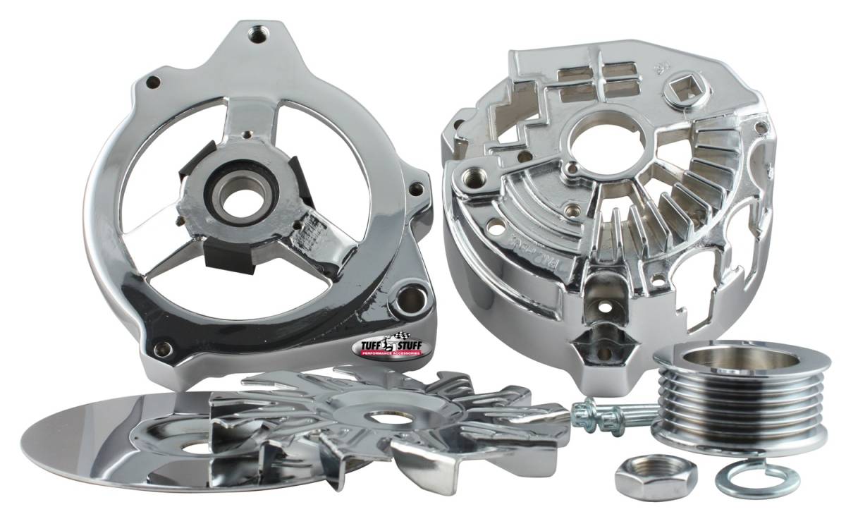 Tuff Stuff Performance - Alternator Case Kit; Fits GM CS130 w/6 Groove Pulley And Tuff Stuff Alternator PN[7860] - Incl. Front And Rear Housings/Fan/Pulley/Nut/Lockwashers/Thru Bolts - Chrome Plated; 7500I