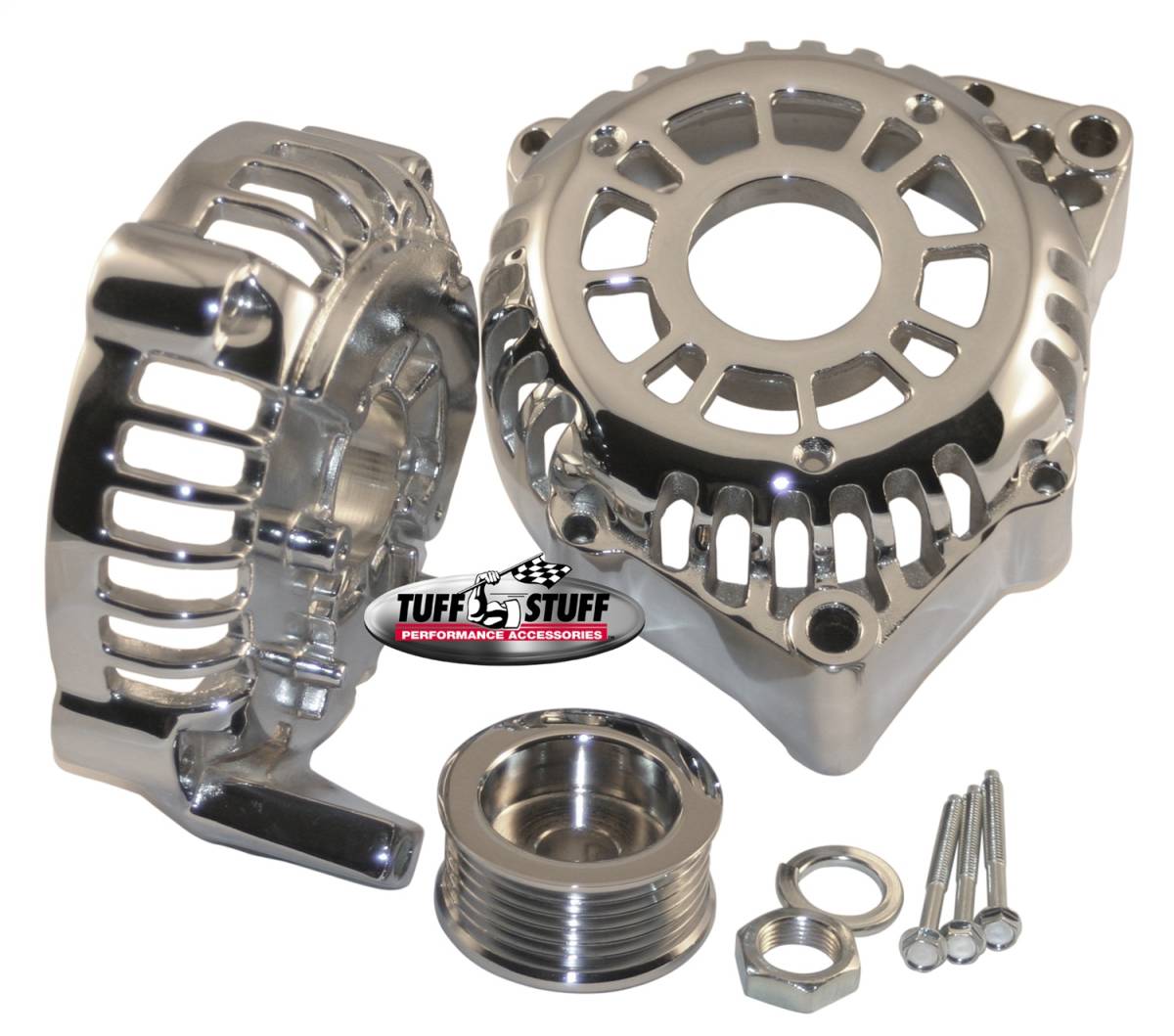 Tuff Stuff Performance - Alternator Case Kit; Fits GM CS130D w/6 Groove Pulley And Tuff Stuff Alternator PN[8206] - Incl. Front And Rear Housings/Fan/Pulley/Nut/Lockwashers/Thru Bolts - Chrome Plated; 7500L