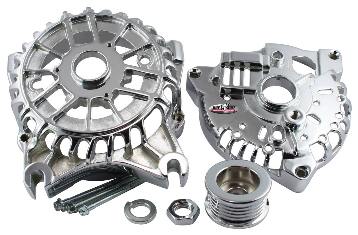 Tuff Stuff Performance - Alternator Case Kit; Fits Ford 3GEN And Tuff Stuff Alternator PN[8252] - Incl. Front And Rear Housings/Fan/Pulley/Nut/Lockwashers/Thru Bolts - Chrome Plated; 7500N