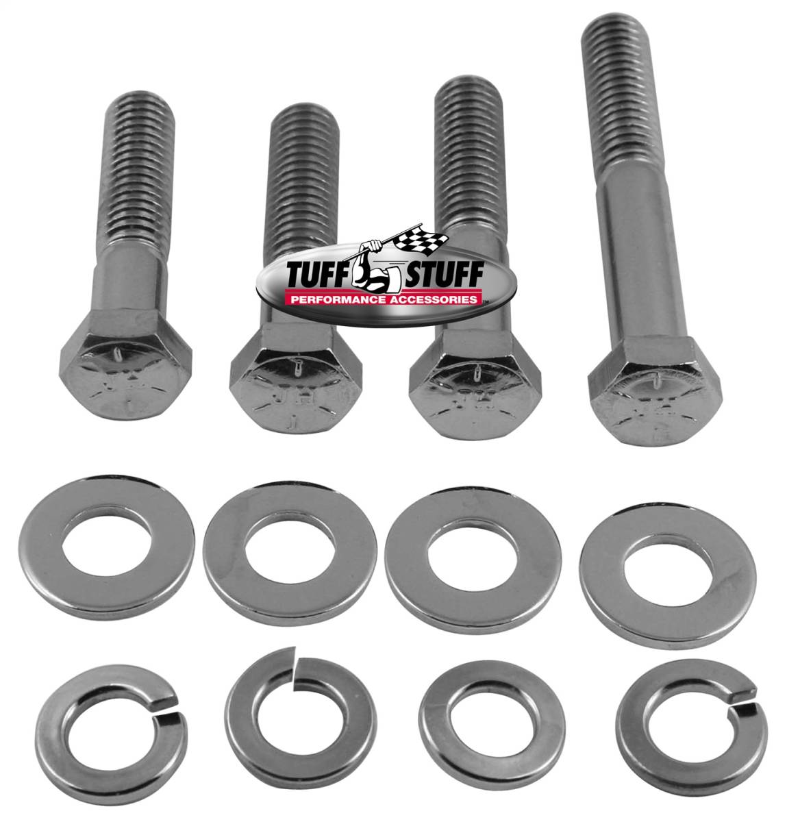 Tuff Stuff Performance - Water Pump Bolt; Chrome Hex - Incl. (2) 3/4 in.-16x1 3/4 in./(1) 3/4 in.-16x2 in./(1) 3/8 in.-16x2 1/2 in. Bolts/(4) Lock And (4) Flat Washers; 7677A