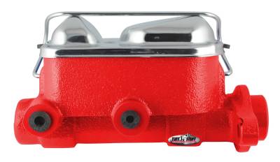 Brake Master Cylinder Dual Reservoir 1 in. Bore 3/8 in-24 And 1/2 in.-20 Ports 3 1/8 in. Mounting Hole Spacing Red Powdercoat w/Chrome Accents 2017NBRED