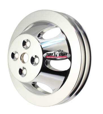 BB Chevy Machined Aluminum Water Pump Pulley, 2 Groove, Short Pump, Triple Chrome, 9888A
