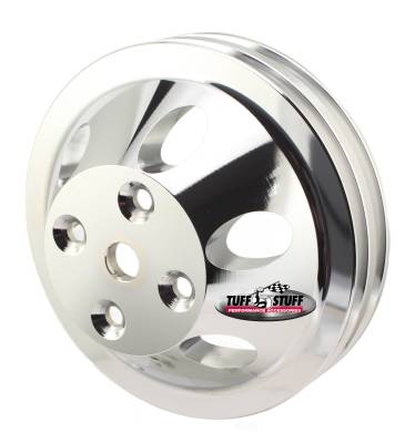SB Chevy Machined Aluminum Water Pump Pulley, 2 Groove, Long Pump, Triple Chrome, 9890A