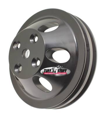 SB Chevy Machined Aluminum Water Pump Pulley, 2 Groove, Long Pump, Black Powder Coated, 9890BLK