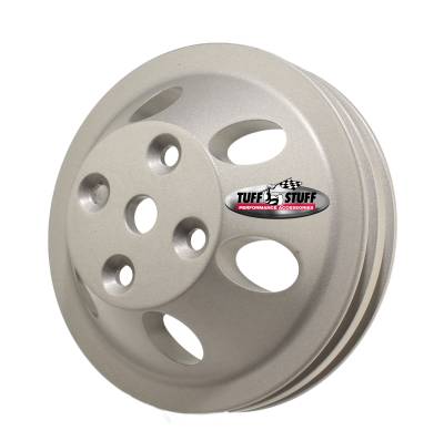 SB Chevy Machined Aluminum Water Pump Pulley, 2 Groove, Long Pump, Factory Cast PLUS+, 9890F