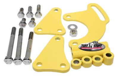 Power Steering Pump Bracket; Long - Fits Tuff Stuff Saginaw Style Power Steering Pumps - w/Hardware - Yellow Powdercoat; 6508BYELLOW