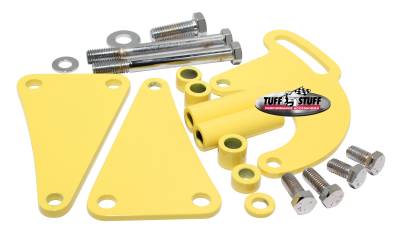 Power Steering Pump Bracket; Long - Fits Tuff Stuff Saginaw Style Power Steering Pumps - w/Hardware - Yellow Powdercoat; 6507BYELLOW