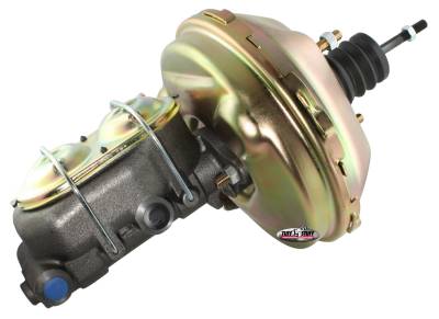 Brake Master Cylinder/Booster Assembly; 9 in. - 1 in. Bore - Single Diaphragm - w/PN[2018] Dual Rsvr. Master Cyl. - (3) M10-1.5 x 28MM Metric Studs - Gold Zinc; 2133NB-2