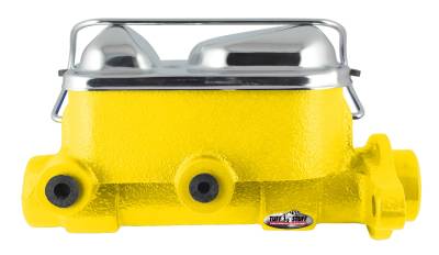 Brake Master Cylinder; Dual Reservoir - 1 in. Bore - 3/8 in-24 And 1/2 in.-20 Ports - 3 1/8 in. Mounting Hole Spacing - Yellow Powdercoat w/Chrome Accents; 2017NBYELLOW