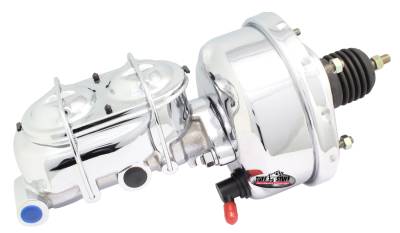 Brake Master Cylinder/Booster Assembly; Univ. - 7 in - 1 in. Bore - Single Diaphragm - w/PN[2018] Dual Rsvr. Master Cyl. - Incl. 3/8 in.-16 Mtg. Stud/Hardware - Chrome; 2121NA-2