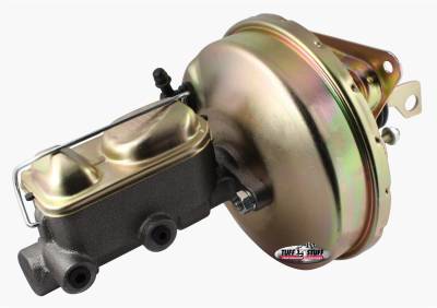 Brake Master Cylinder/Booster Assembly; 9 in. - 1 in. Bore - Single Diaphragm - w/PN[2017] Dual Rsvr. Master Cyl. - Incl. 5-3/8 in.-16 Mtg. Studs-1 Is Offset - Gold Zinc; 2125NB-3